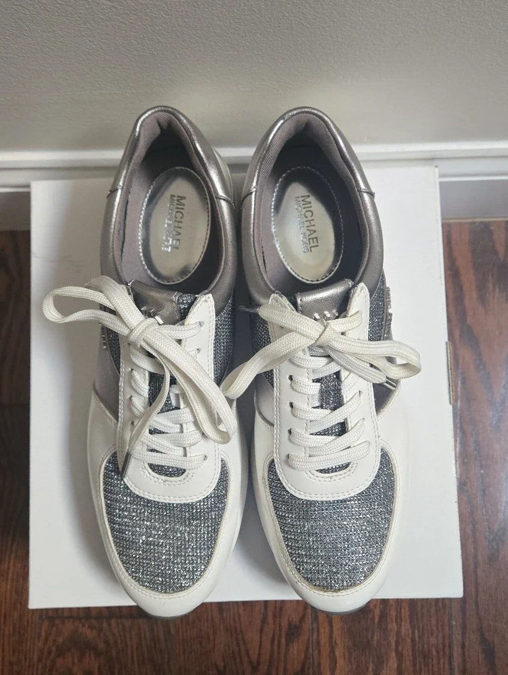 Michael Kors Silver & White Glitter Lace-Up Trainer